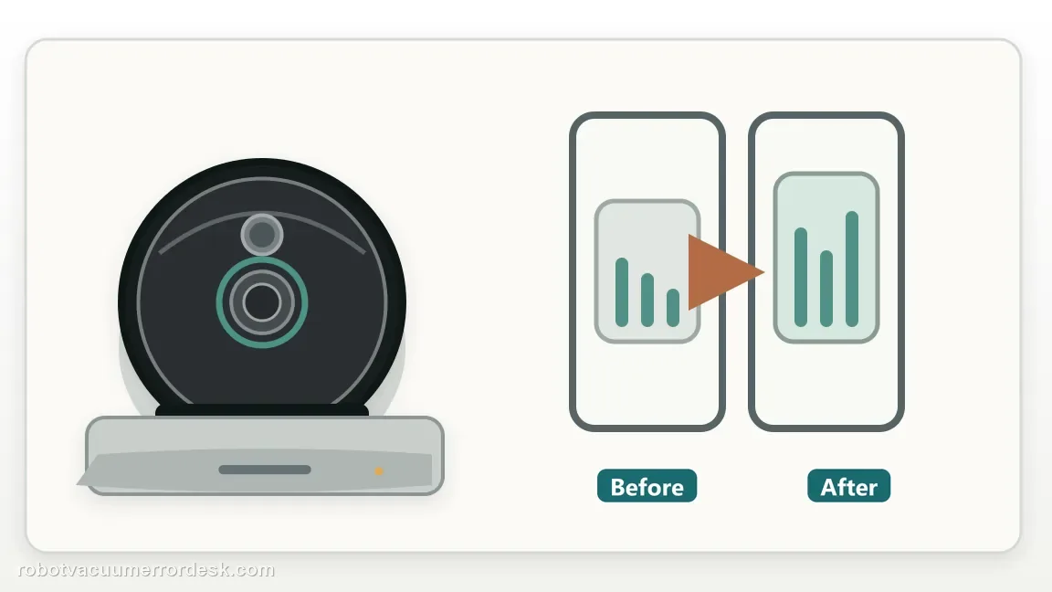 A Roborock Qrevo is shown with robot seated on its dock beside before and after battery states in a clean repair diagram, matching the run a timed charge-progress proof check.