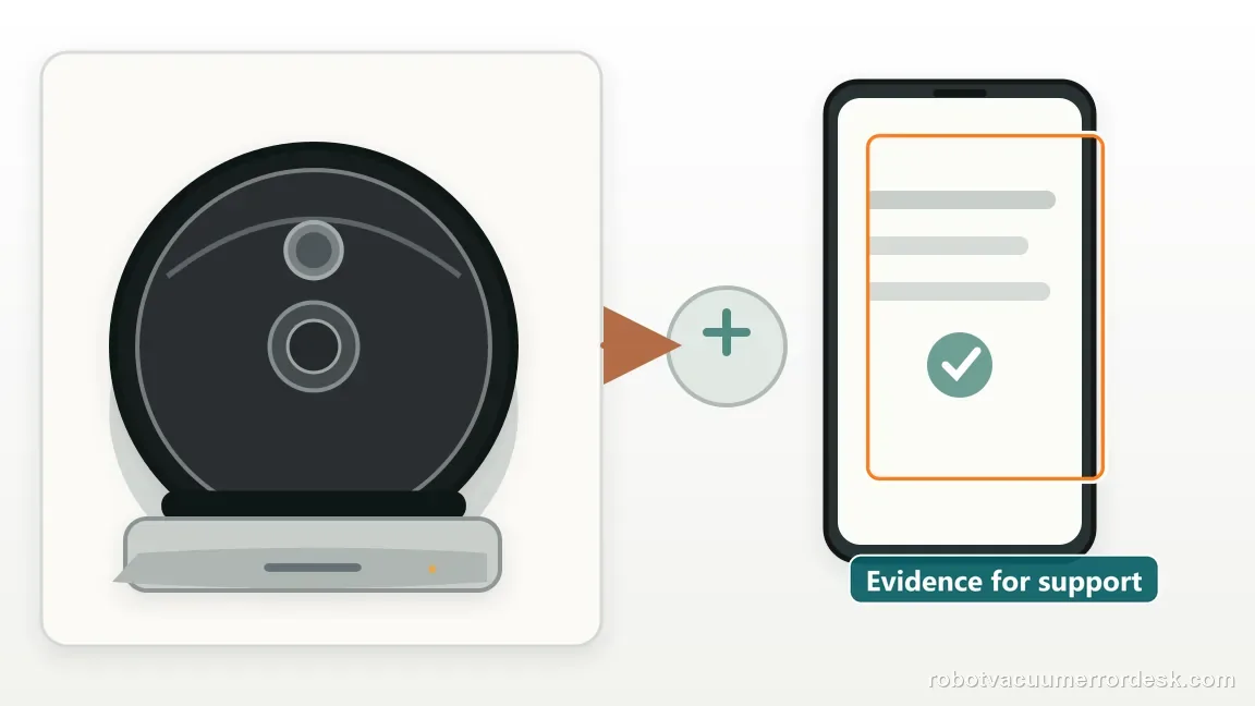 A Roborock Qrevo and its dock appear beside a phone-shaped support checklist in a clean diagram of the escalation evidence.