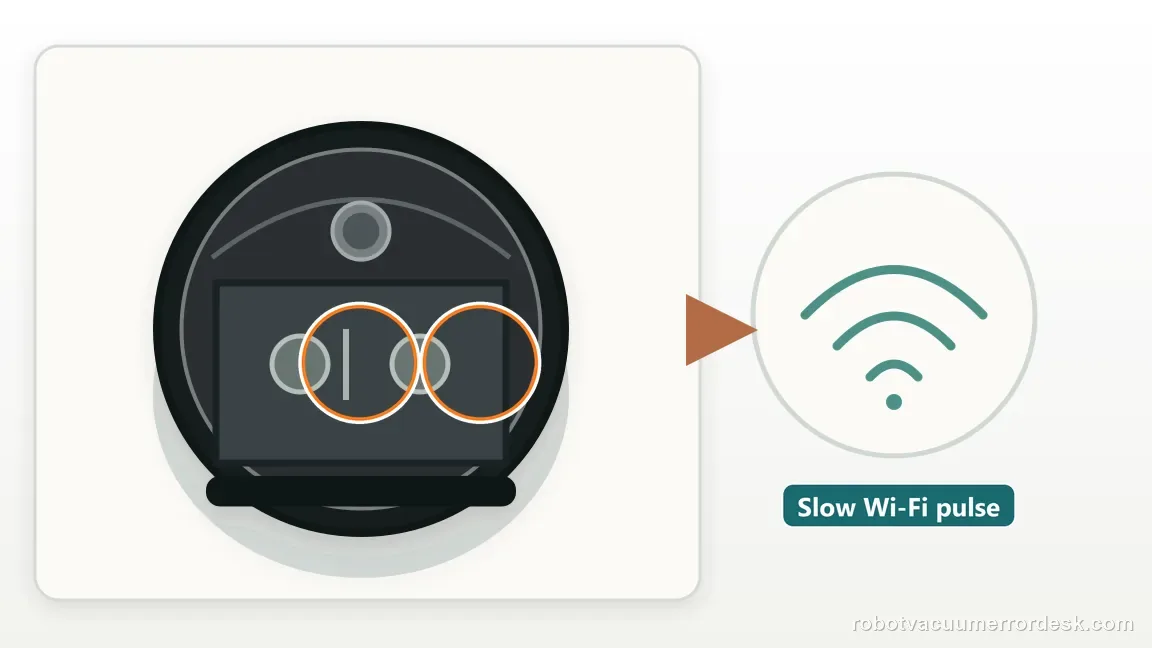 A Roborock Qrevo is shown with robot top controls with the dedicated Wi-Fi pairing indicator in a clean repair diagram, matching the use the qrevo wi-fi reset, not a factory reset check.
