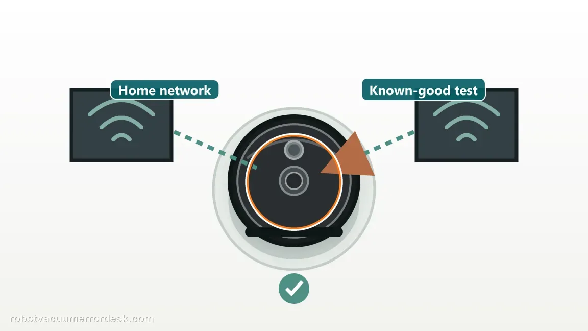 A Roborock Qrevo is shown with robot compared between home and known-good wireless networks in a clean repair diagram, matching the separate home-network failure from a likely robot/app-side failure check.