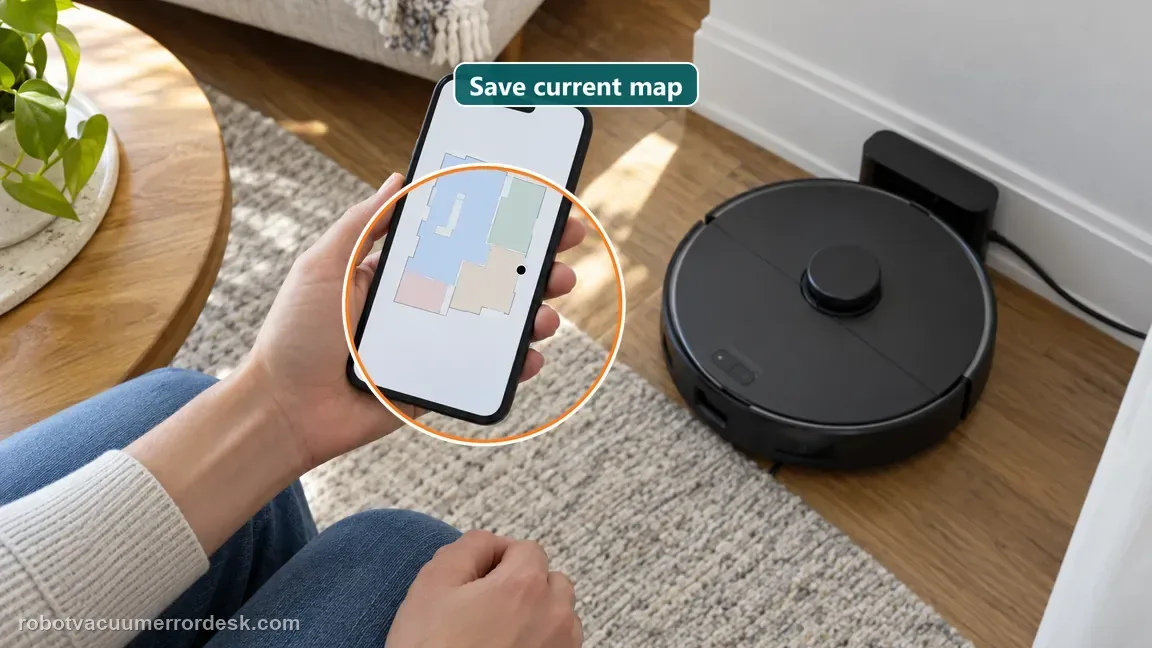 A hand holds a phone showing a saved map beside a dark Roborock S7 at its dock.