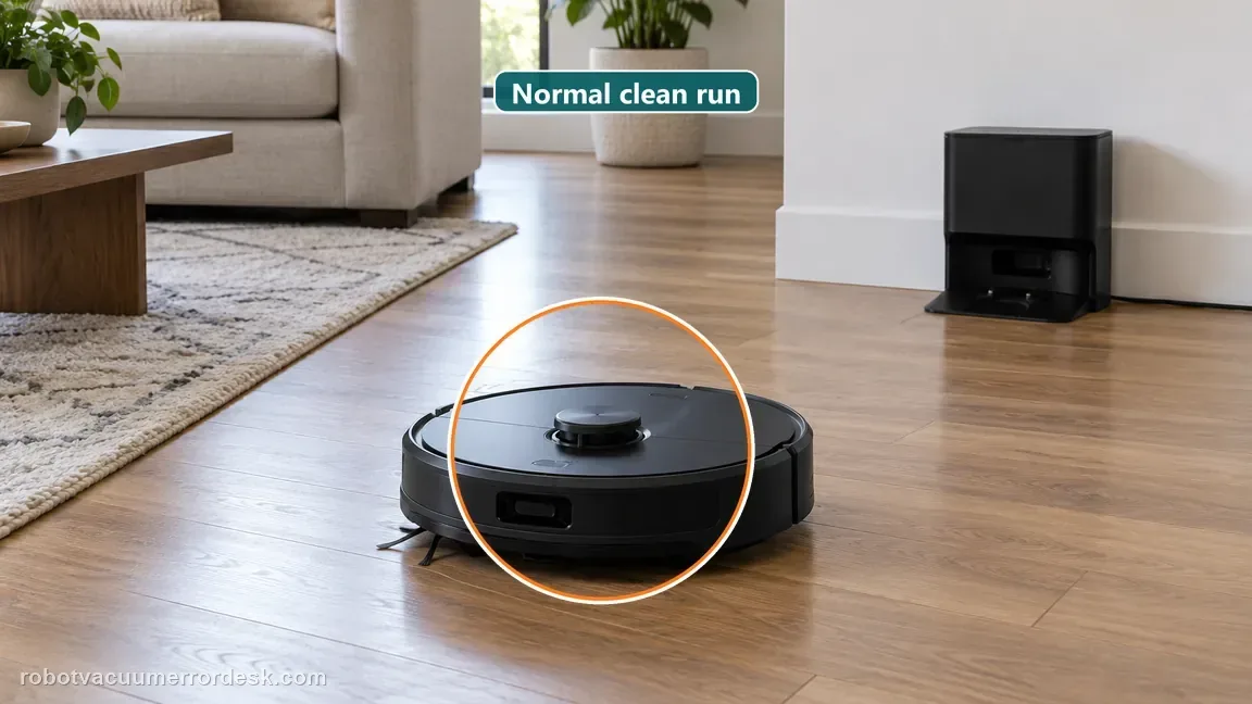 A dark Roborock S7 leaves its stationary dock for a normal room cleaning run.
