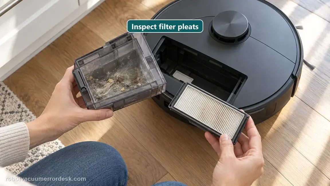 A dark Roborock S8 sits beside a removed dustbin and its pleated filter under bright light.