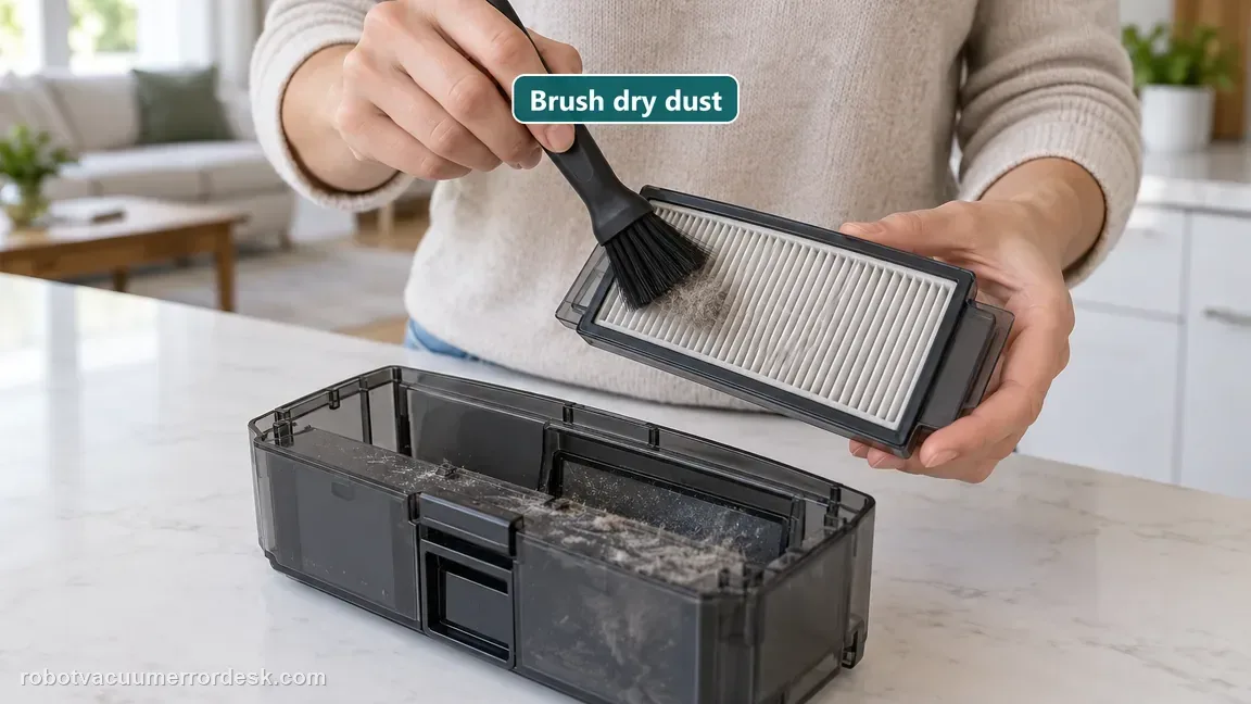 Hands gently brush dry dust from the pleats of a robot vacuum filter.