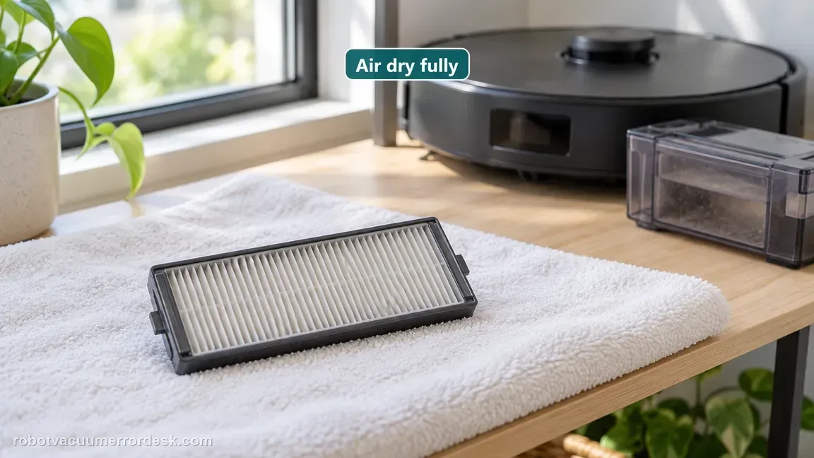 A pleated robot vacuum filter rests on a dry towel to air-dry completely.