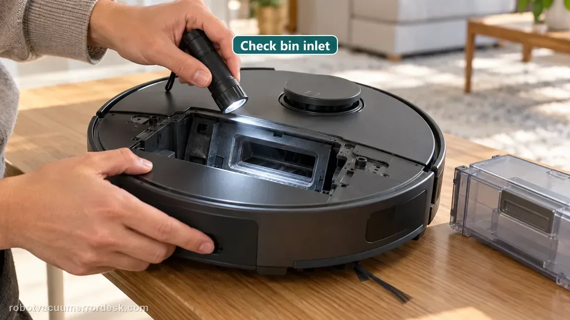 A flashlight illuminates the accessible bin inlet on a dark robot vacuum.