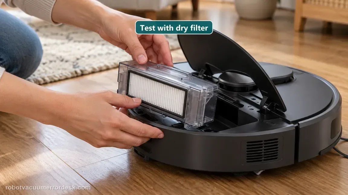 A clean dry pleated filter is being installed into the transparent bin of a dark robot vacuum.