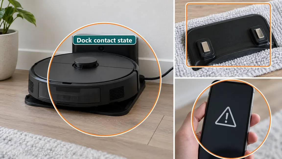 The robot remains on the dock while a clean contact close-up and generic warning screen are ready for a support report.