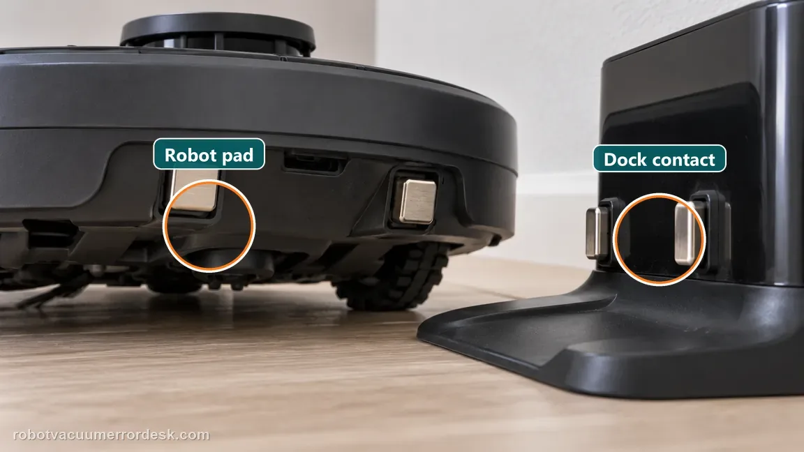 The robot underside charging pad and matching dock contact are visibly separated by a small alignment gap.