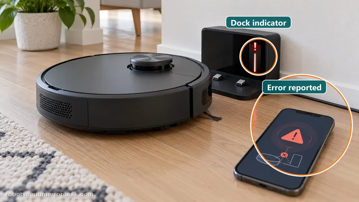 A dark gray robot sits near its black charging dock while a phone shows a generic warning and the dock indicator glows.