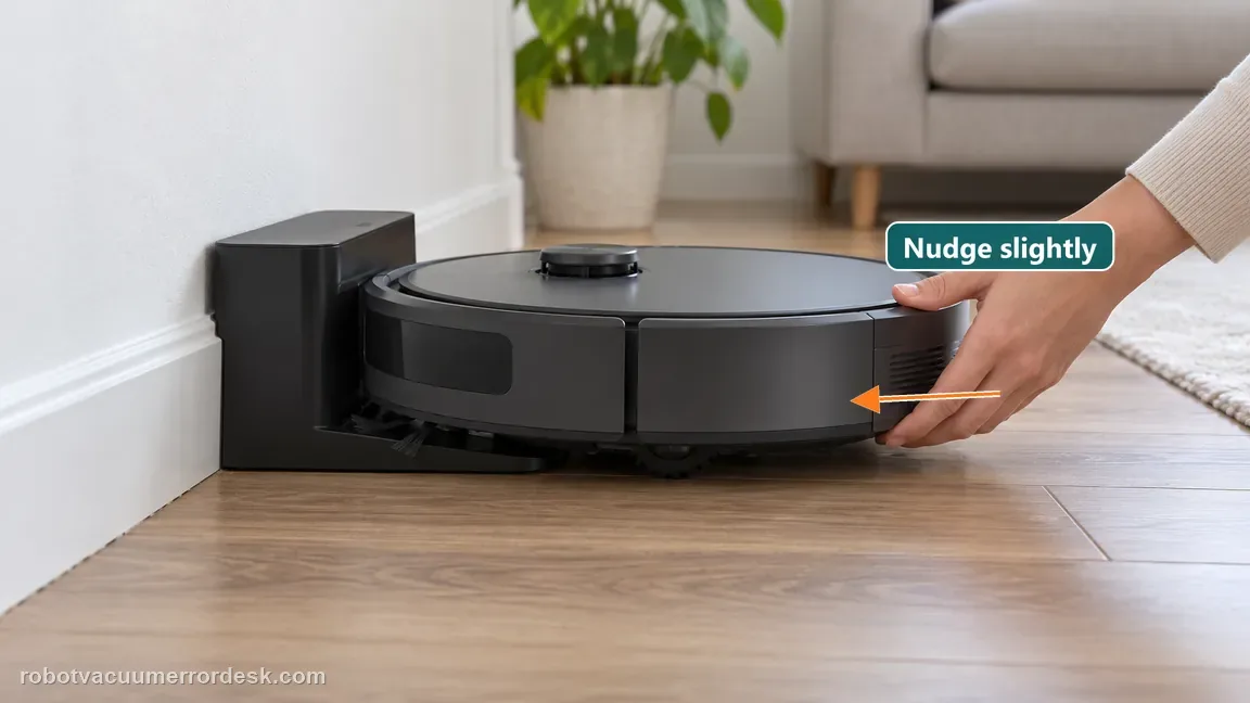 A hand gently nudges the robot side while it sits on the dock to correct its final physical alignment.