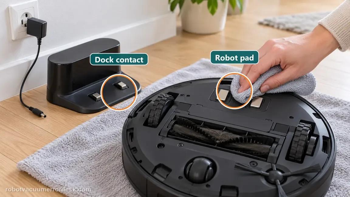 A dry cloth wipes the robot charging pad while the dock contacts and disconnected dock cable remain visible nearby.