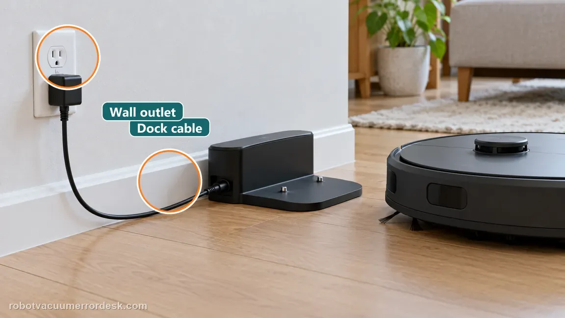 The wall plug and dock cable connection are checked along the intact power path to the black charging station.