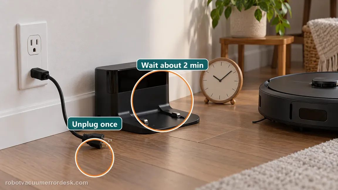 The dock plug rests outside the outlet during a reset and an analog clock is shown nearby to track the wait.