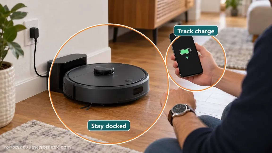 The robot remains docked while a person checks the charging battery icon and tracks elapsed time with a wristwatch.