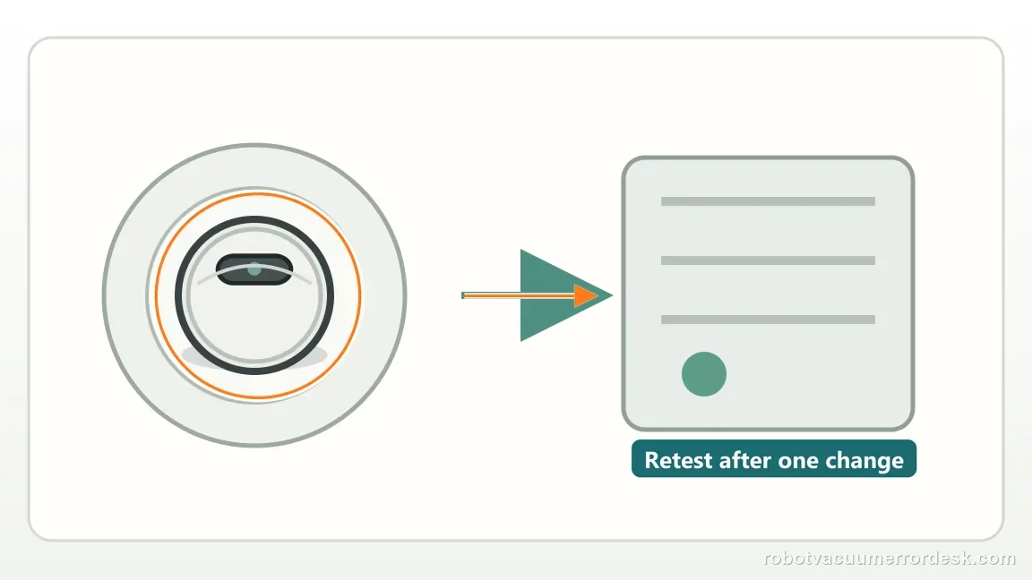 Roborock Saros 20 Sonic shown in a close repair view of short retest, matching the confirm the isolated component with one brief retest check.