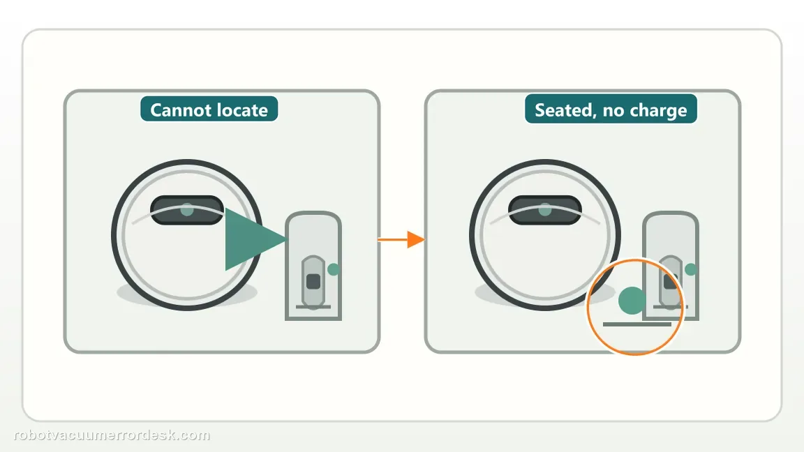 Two robot-vacuum scenes distinguish a unit that cannot locate its dock from one that is seated but not charging.