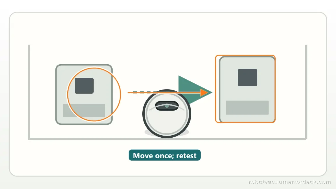 A generic robot-vacuum dock is compared in its original spot and one alternate wall-backed location.