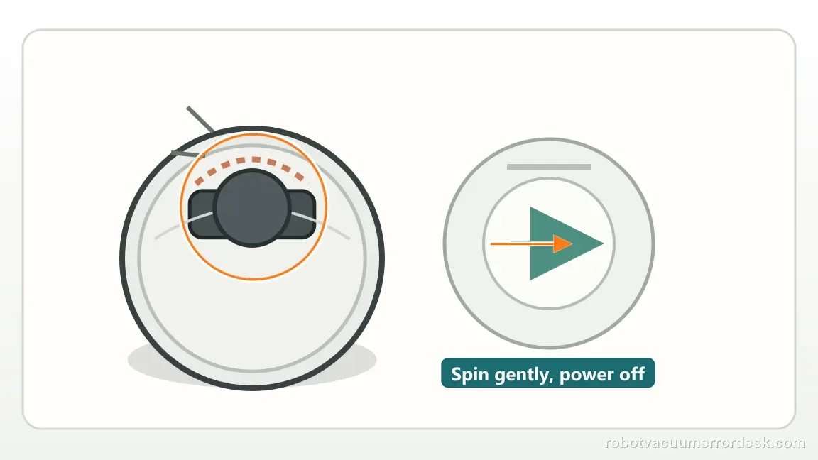 Roborock Saros 20 Sonic shown in a close repair view of safe free spin, matching the if it is stopped, test only a gentle manual free-spin check.