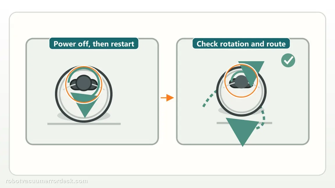 Roborock Saros 20 Sonic shown in a close repair view of restart lidar, matching the restart once and observe both rotation and localization check.