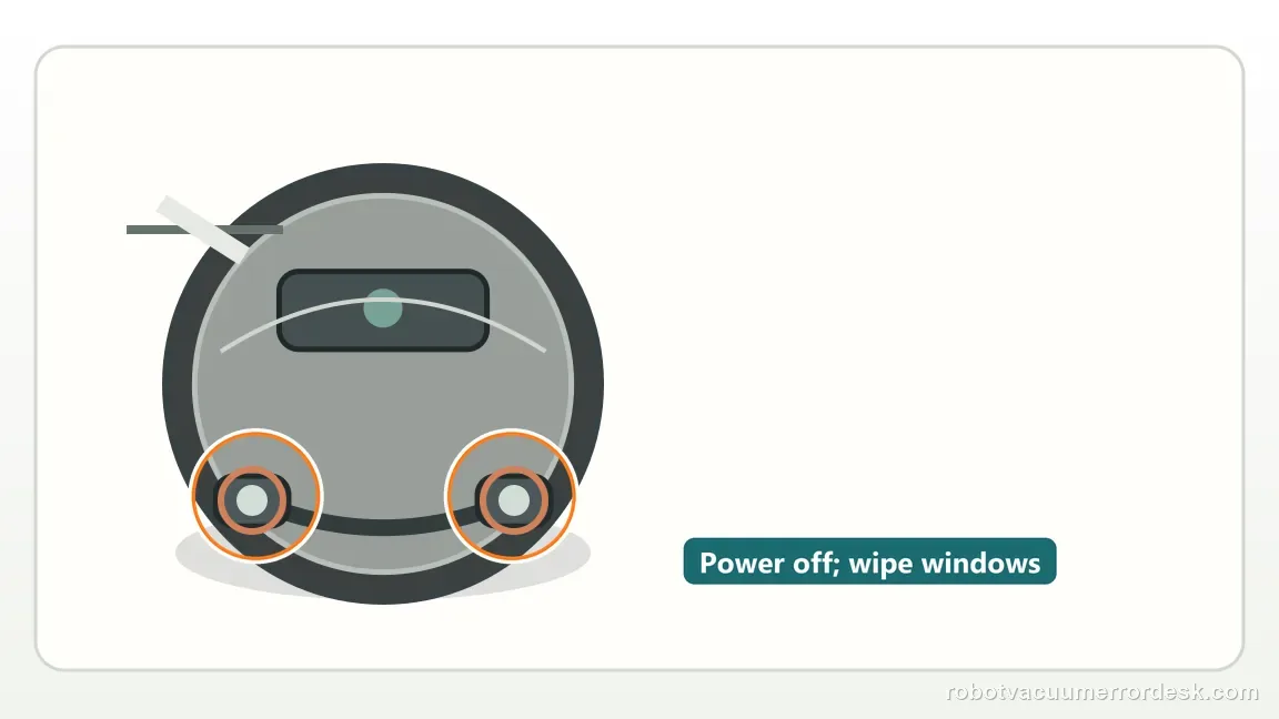 Roborock Saros 20 Sonic shown in a close repair view of cliff clean, matching the clean every cliff-sensor window check.