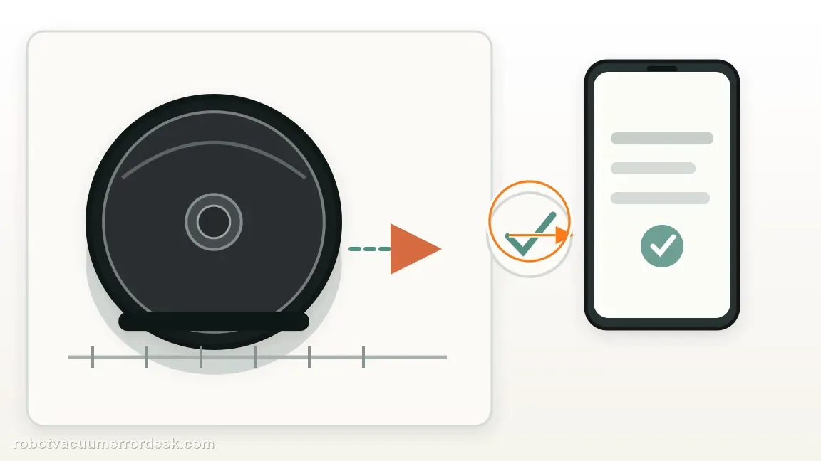 A Roomba i3 / i3+ is shown with robot on a clear hard floor with a controlled test status in a clean repair diagram, matching the run one short cleaning test with the serviced airflow path check.