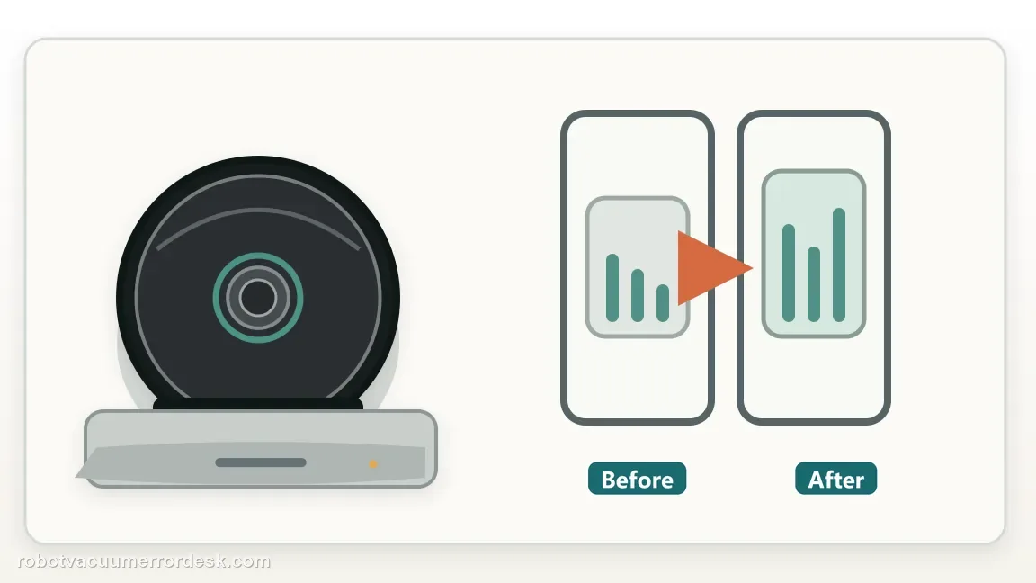 A Roomba i3 / i3+ is shown with robot seated on its dock beside before and after battery states in a clean repair diagram, matching the run a timed manual-seat charging test check.