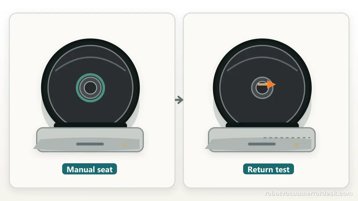 A Roomba i3 / i3+ is shown with two side by side scenes comparing manual seating and a return-to-dock test in a clean repair diagram, matching the separate a charging fault from a docking fault check.