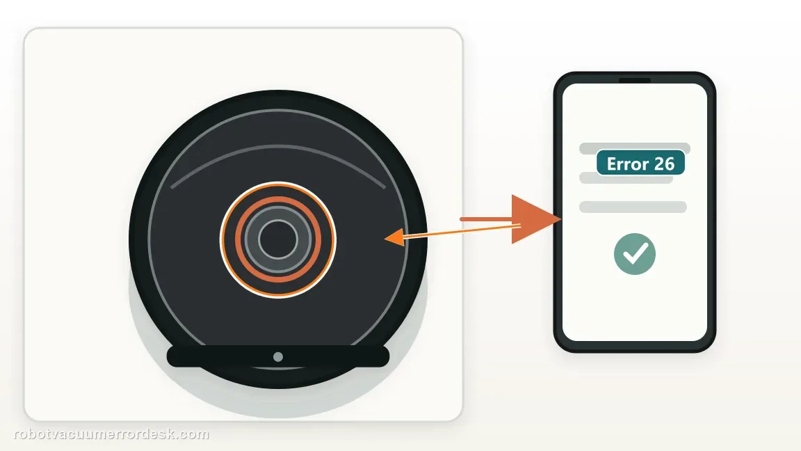 A Roomba j7 / j7+ is shown with robot top view and phone showing diagnostic state in a clean repair diagram, matching the confirm that the message is error 26, not a charging or docking code check.