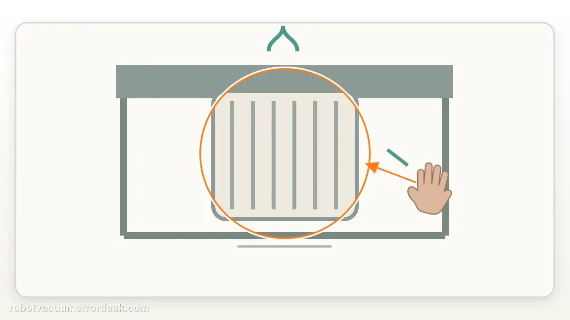 A Roomba j7 / j7+ is shown with a detached filter being cleaned over a protected work area in a clean repair diagram, matching the remove the bin and service the filter exactly as irobot specifies check.