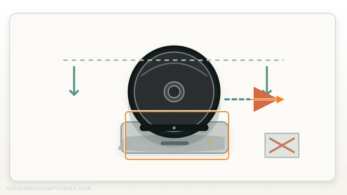 A Roomba j7 / j7+ is shown with robot and dock with open approach space and cleared obstructions in a clean repair diagram, matching the clear the dual rollers, roller ends and accessible intake path check.