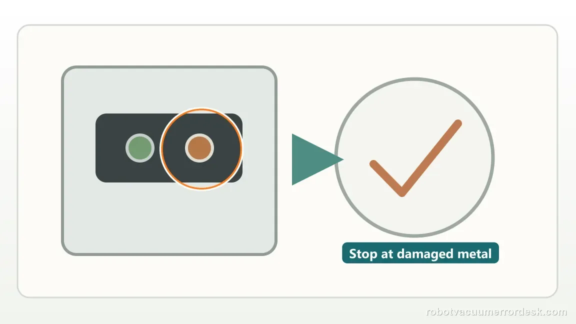 Roomba Max 705 Combo is shown with a close repair view of contact damage, matching the stop at damage instead of treating it as stubborn dirt check.