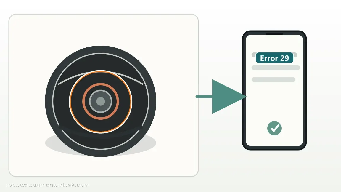 A simplified robot and phone graphic displays Error 29 with the app result check.