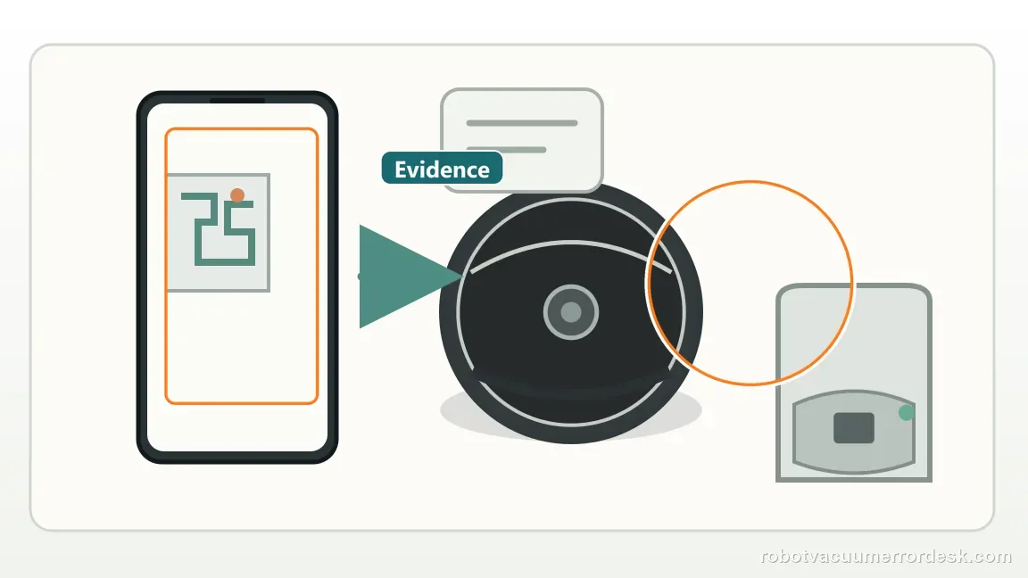 A map screen, robot, and dock illustrate an update-support evidence handoff.
