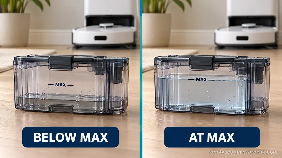 Side-by-side comparison of a clean-water tank below its marked maximum line and correctly filled to the MAX mark before reinstalling.