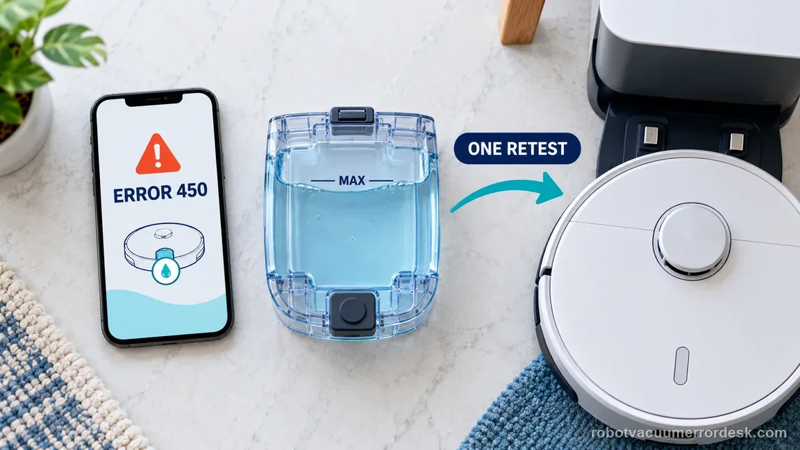 Phone with Error 450 beside a full clean-water tank and robot vacuum, illustrating one controlled retest after reseating the tank.