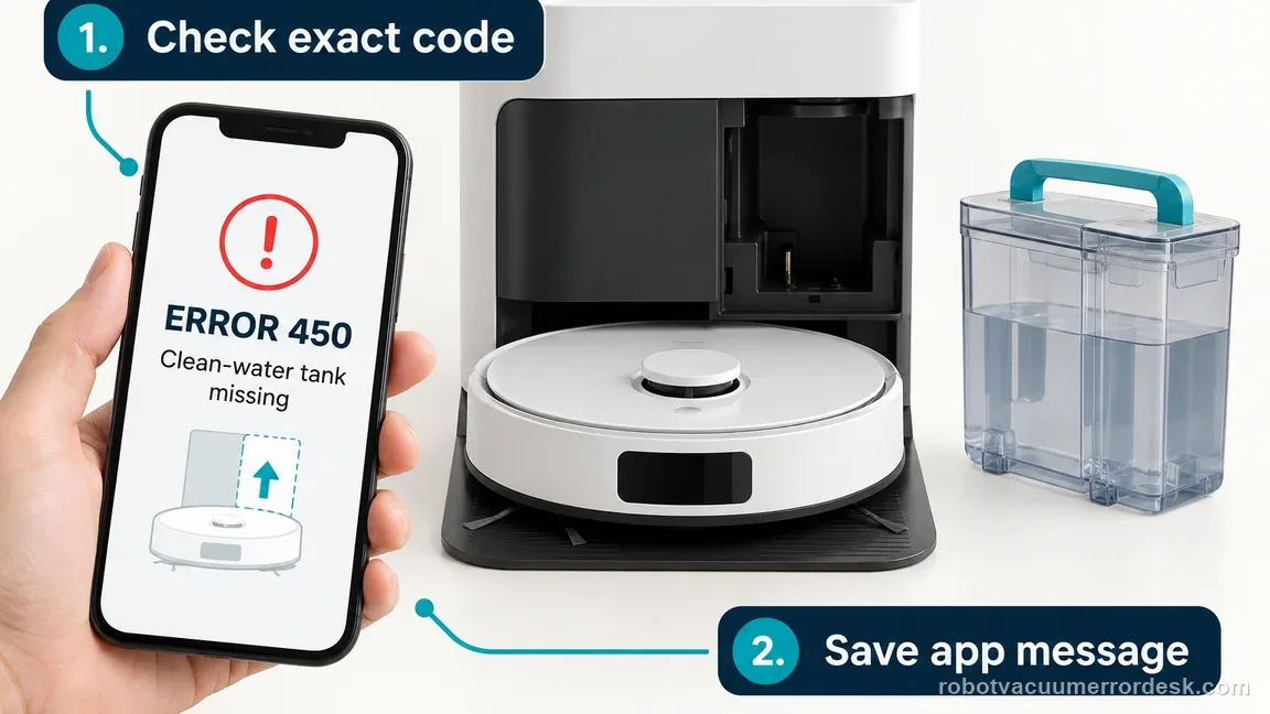 Illustrative Error 450 check on the Roomba Max 705 Combo: save the exact missing clean-water tank alert in the app before starting the tank and dock checks.