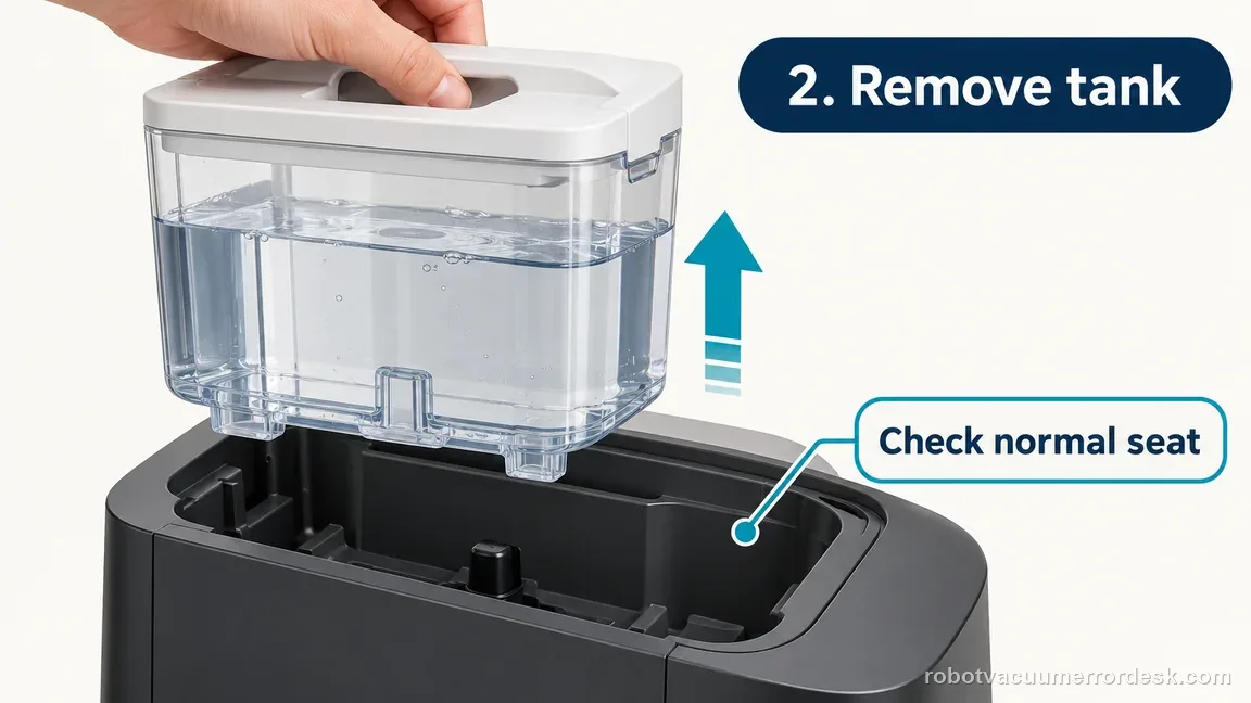 Illustrative clean-water reservoir removed from a robot dock for a simple inspection of its normal seating pocket, without tools or dock disassembly.