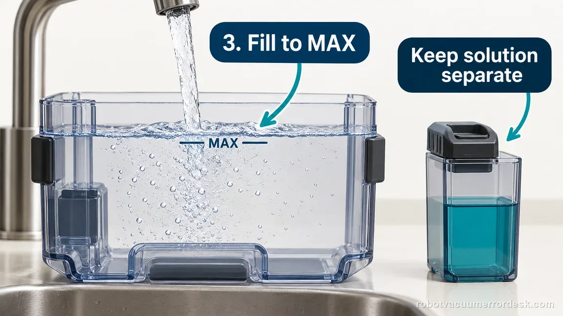 Illustrative clean-water tank filling to its marked MAX line while the approved concentrate remains separate from the clean-water reservoir.
