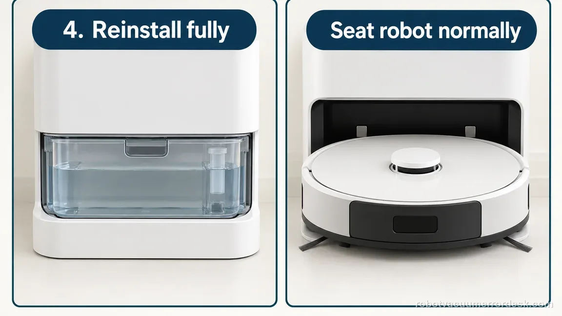 Illustrative reservoir returned flush to its ordinary dock seat and robot placed normally against the dock charging contacts.