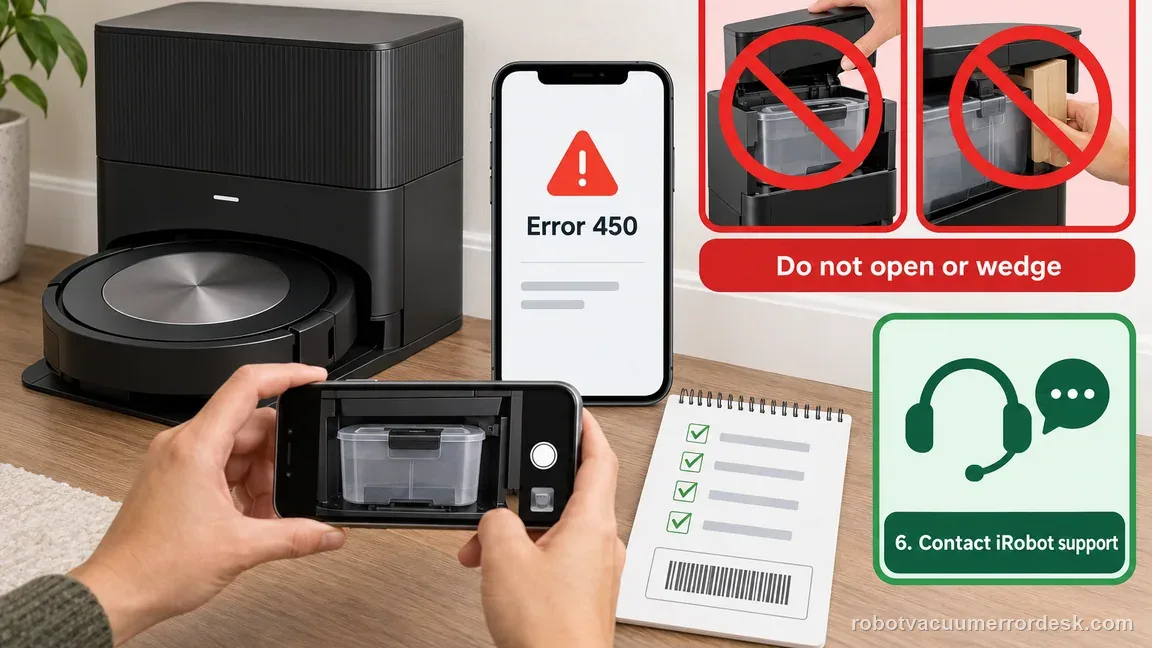 Illustrative support handoff showing a seated clean-water tank, Error 450 screenshot, serial number, and a reminder not to open or wedge the dock.