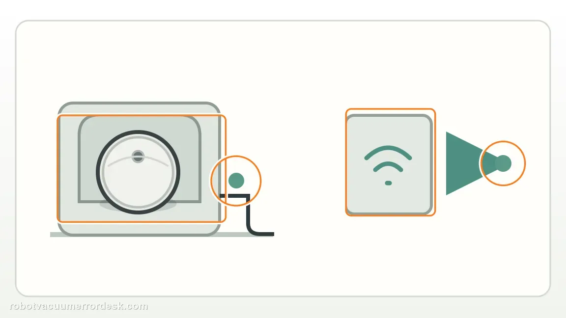 A robot rests on its charging dock beside an outlet while a phone shows a Wi-Fi symbol.