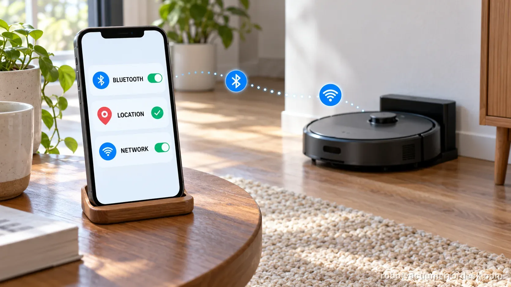 Phone permission controls show Bluetooth, location, and network access enabled beside a docked robot.