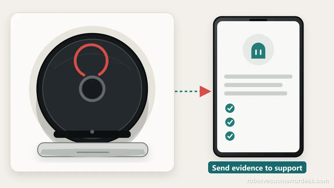 A support checklist on a phone accompanies a Roomba j7 showing the rearward red sweep beside its dock.