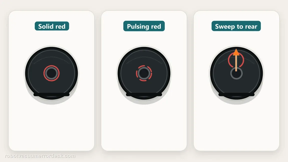 Three top views of the Roomba j7 CLEAN-button ring show a solid red state, a pulsing red state, and an animated sweep toward the robot's rear.