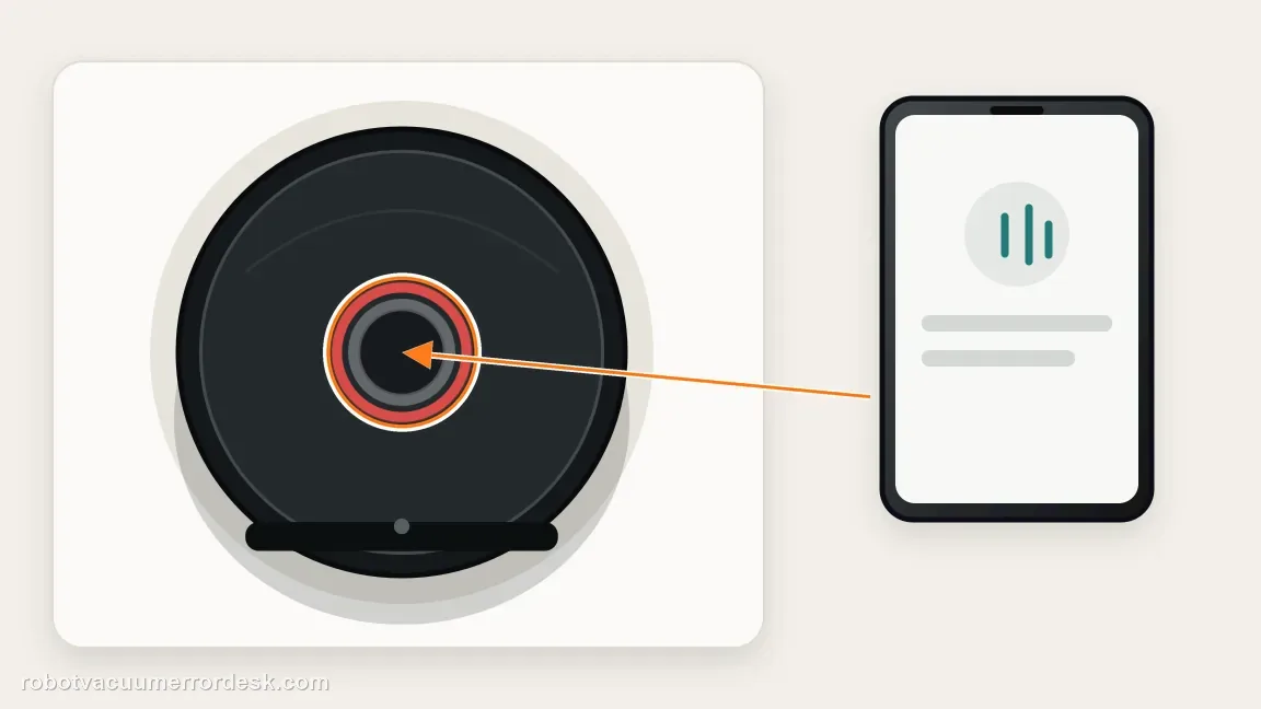 A red-ringed Roomba j7 CLEAN button is highlighted beside a phone displaying a generic spoken or app error indicator.