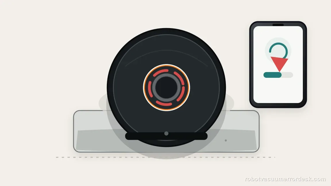 A Roomba j7 rests on a charging dock with a pulsing red CLEAN-button ring beside a phone battery progress display.