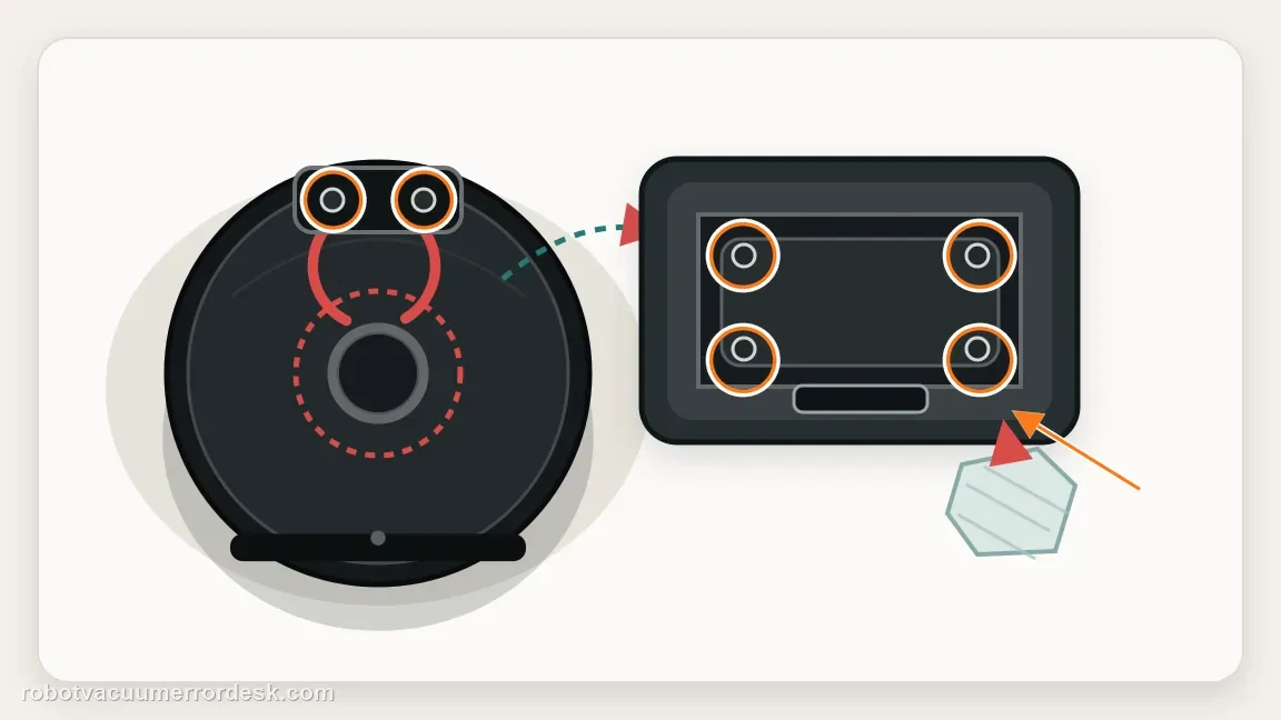 A flat Roomba j7 has two highlighted rear sensor windows beside a removed bin with four highlighted inner and outer ports and a dry cloth.