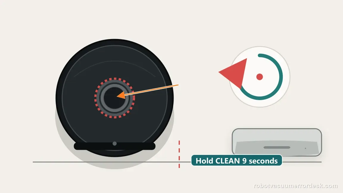 A Roomba j7 stands off its dock with its CLEAN button highlighted beside a nine-second hold instruction.