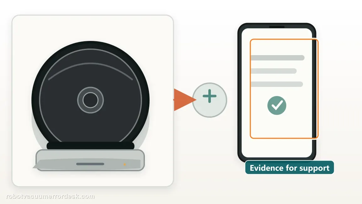 A Roomba i5 / i5+ and its dock appear beside a phone-shaped support checklist in a clean diagram of the escalation evidence.